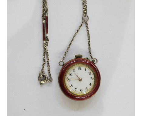 Lady's silver and red enamel fob pendant watch&nbsp;on silver and red enamel chainCondition ReportLight surface scratches to 