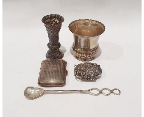 Various silverware to include cigarette case with engine-turned decoration, silver beaker, weighted silver and embossed vase,