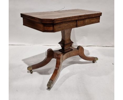 Early 19th century brass inlaid rosewood foldover top card table, square with cut-off corners, brass line inlaid to the top a