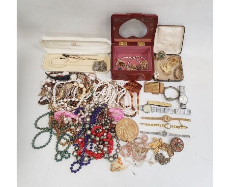 One suitcase of costume jewellery including wooden box with heart shape glass window, Timex watch and other watches, beaded n