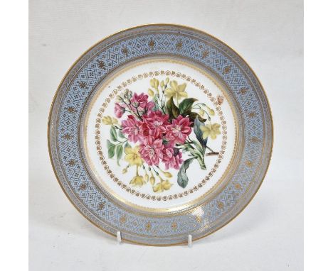 19th century Sevres porcelain plate, floral and inscribed to reverse 'Giroslee', 'Quarantaine Jasmine Triomphant' with blue c