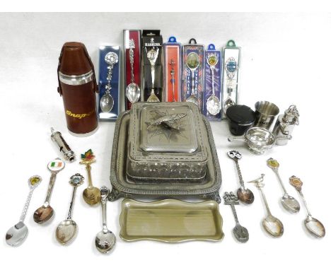 Electroplated flatware and other items to include canteen of electroplated cutlery, snap-on stainless steel flask and stirrup