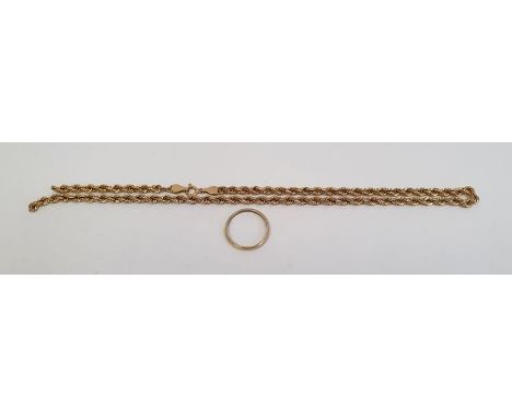 9ct gold fine wedding band and 9ct gold rope-pattern chain necklace (damaged), 5g total approx. (2) 