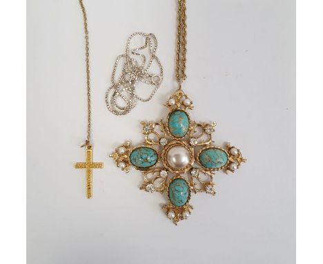 9ct gold fine chain link necklace, flattened curb link pattern, approx. 2.7g, a fine silver chain link necklace, a turquoise 