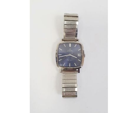 Gent's stainless steel Omega automatic wristwatch with square and slightly convex blue dial, baton numerals, calendar apertur