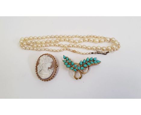 9ct yellow gold and carved shell cameo brooch with oval female portrait, a cultured pearl necklace with white gold clasp, sin