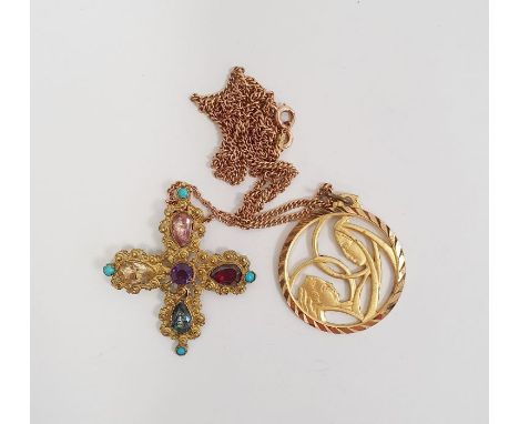 Italian gilt metal Madonna and Child openwork circular pendant and the 9ct gold chain link necklace and a semi-precious stone