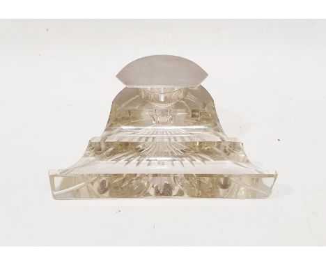 20th century inkwell with silver hinged lid, on a glass body, with pen rest 