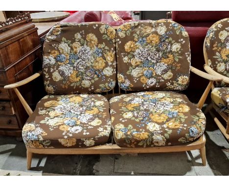 Mid century modern Ercol beech-framed two-seater sofa and single stickback armchair (2) Condition ReportSofa - surface scratc