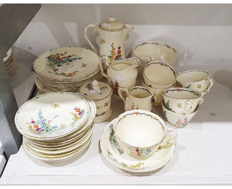 Crown Staffordshire 'Pan' design part tea set, mainly for six plus, decorated with hollyhocks to include six cups and saucers