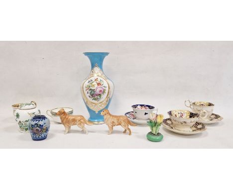 Victorian china floral painted vase, baluster-shaped, turquoise ground, five cabinet cups and three saucers, two Beswick retr