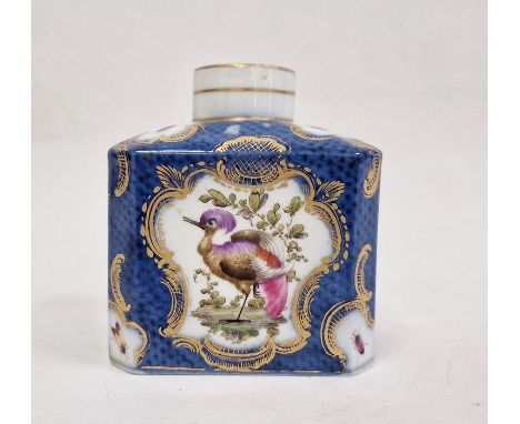 18th century Worcester porcelain tea caddy decorated to a blue scale ground with exotic birds and insects, within gilt scroll