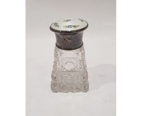 Continental silver, glass and enamel scent bottle with silver top and enamel decoration and glass body 