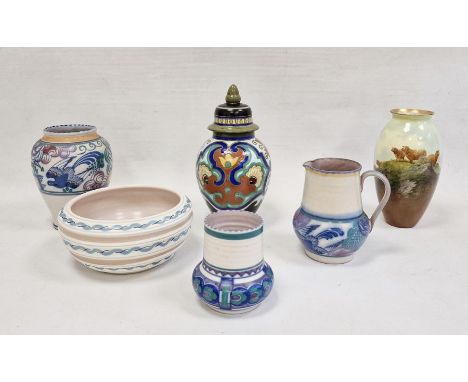 Carter Stabler Adams bluebird jug, shouldered and tapering, 18cm high, similar jug, 14cm high, Carter Stabler Adams vase with