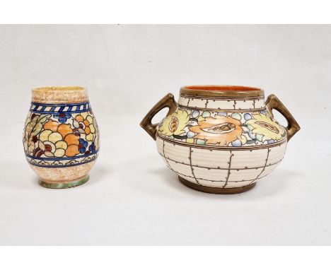 Charlotte Rhead Crown Ducal vase, shouldered with angular handles, tubeline decorated with yellow and orange foliate border, 