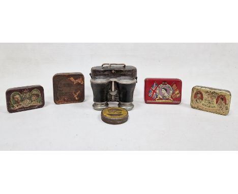 Pair Jockey Club de Paris binoculars and various vintage tins some featuring King George I and Queen Mary, some with Queen El