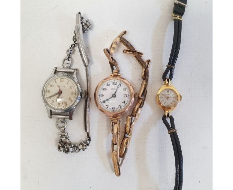 Lady's Lenroc 9ct gold vintage wristwatch and the gold-coloured expanding metal strap, a lady's Nivada wristwatch with leathe