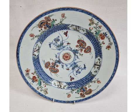 Chinese blue and white porcelain plate with polychrome, tree and floral decoration, floral trellis border, 32cm diameterCondi