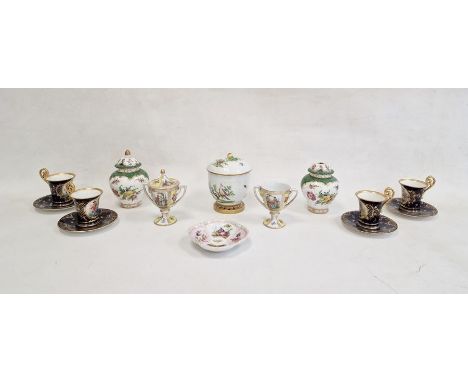 Four Vienna china coffee cans and saucers, figure decorated in reserves to royal blue and gilt ground, pair Dresden covered v
