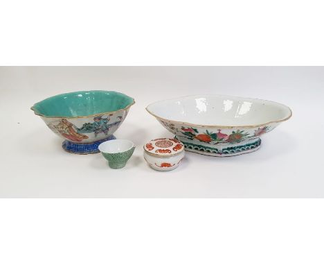 Chinese bowl having everted ogee moulded rim, turquoise interior and painted exterior with figures and elephant in a garden, 