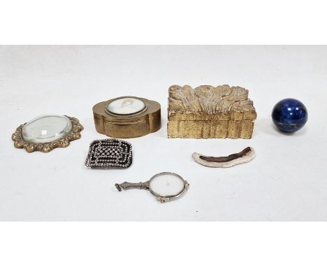 Wooden gold-painted box with hinged lid, a circular marble-style box with hinged lid, a small vintage mirror, a shoe buckle, 