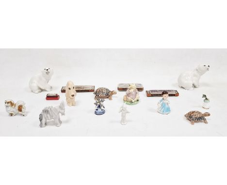 Pair of ceramic polar bears, some Wade whimsies to include horses, tortoise with removable shell, dogs and other various figu