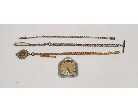 Wyler Art Deco stainless steel pendant watch with subsidiary seconds dial, silver albert chain and a gilt metal albert chain 