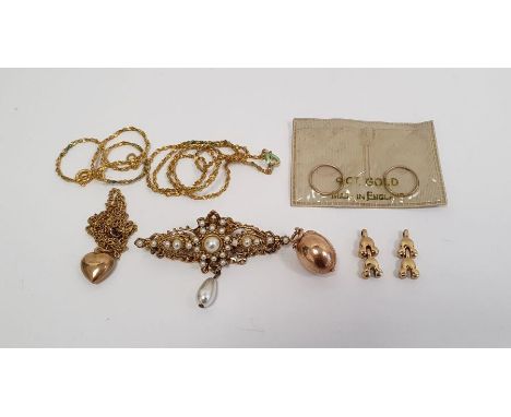 9ct gold 'chicken in egg' pendant, a 9ct gold small heart-shaped pendant, two gilt metal chain necklaces and sundry items (1 