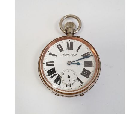 Goliath white metal pocket watch, French or Swiss, the white enamel dial inscribed “Regulateur” and having Roman numerals, su