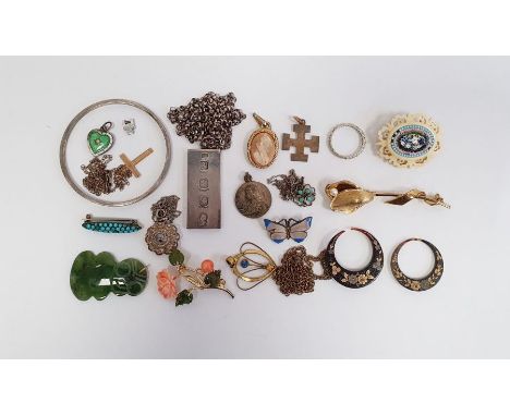 Two antique silver and gold tortoiseshell pique crescents, a millefiori oval brooch, a Maori Hai-Tiki jade carving, quantity 