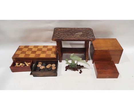 Chess and backgammon set with pieces. wooden box with hinge lid, smaller wooden box with brass leaf detailing and red felt in