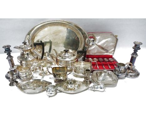 Electroplated wares to include teapot, hot water pot, tray, cream jug, sugar basin, etc (1 box) 