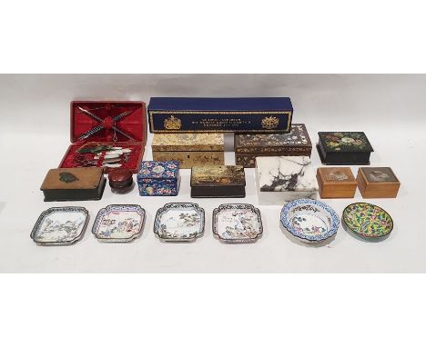 Assorted painted and decorative boxes to include marble box on hinges with plaque to base of lid detailing "Made from marble 