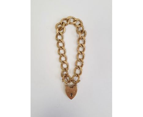 9ct gold chain link bracelet, flattened and engraved curb pattern with heart shaped padlock clasp, 43gms approx