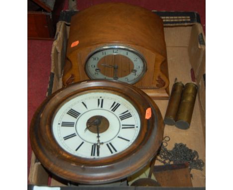 A Victorian beech cased postmans alarm clock; together with an Art Deco walnut cased mantel clock (2)