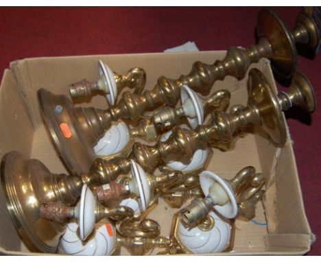 A pair of large turned brass table lamp bases; together with various light fittings