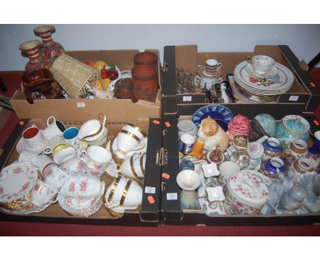 Four boxes of miscellaneous items, to include Continental bird figures, Poole plate, Royal Albert Tranquility pattern part te