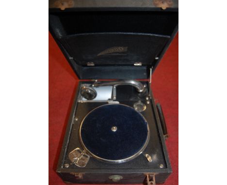 Two boxes of miscellaneous items, to include Crescendo portable gramophone, lithograph printed tins, turned brass fire tools 