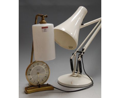 A modern white painted anglepoise desk lamp; together with a Pifco Tyneside lacquered brass combination table lamp alarm cloc