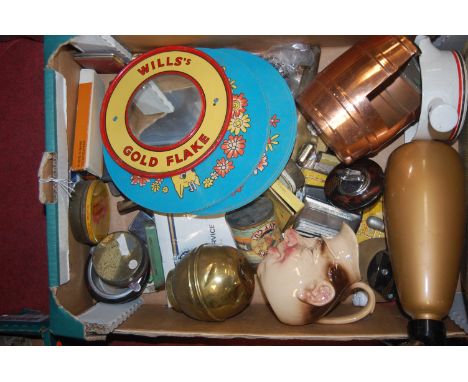 Two boxes of miscellaneous items, to include Black &amp; White scotch whisky advertising tray, Chinese vase stands etc