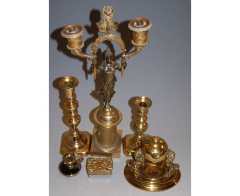 An early 20th century spelter and gilt metal twin sconce figural table light fitting; together with a brass trinket box; cand