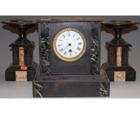 A circa 1900 black slate mantel clock, having enamelled dial with Roman numerals; together with a matched pair of garniture u
