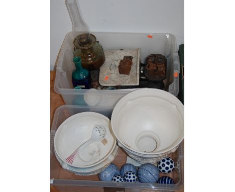 Two boxes of miscellaneous items to include brass pedestal oil lamp, pair of grocer's scales and weights