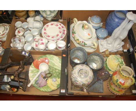 Four boxes of miscellaneous items, to include Queen Anne bone china part tea service in the Princess Roses pattern, various r
