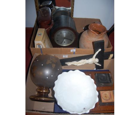 Two boxes of miscellaneous items, to include Edwardian oak cased mantel clock, oak desk stand etc