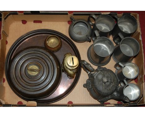 A box of miscellaneous metalwares to include a 19th century and later pewter tankard, teapot, etc