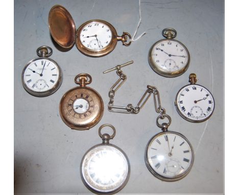 to include a silver open faced pocket watch on a white metal chain, a white metal cased chronometer with engraved decoration,