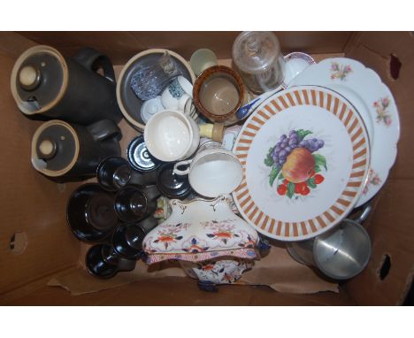 A box of miscellaneous china, to include Victorian Staffordshire Toby jug, stoneware part tea service etc
