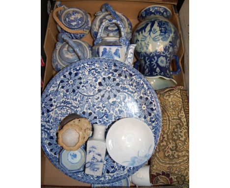 A box of miscellaneous china, to include small 19th century Chinese tea bowl, soapstone carving etc Condition report: Small b