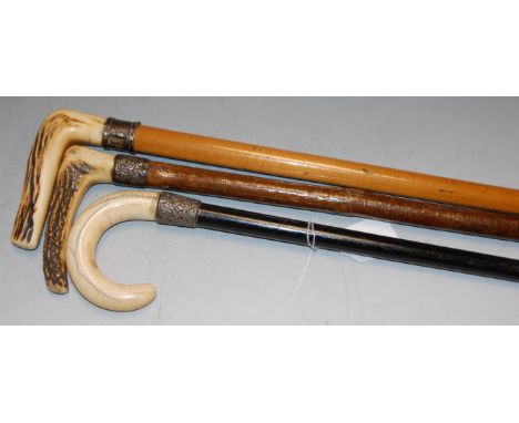 A late 19th century walking stick, having ebony shaft, silver collar, and ivory handle; together with two other stag antler h